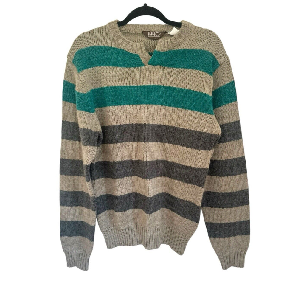 Vintage 1440 Striped Wool Blend Sweater Mens Grey Pullover Preppy‎ Retro Medium
